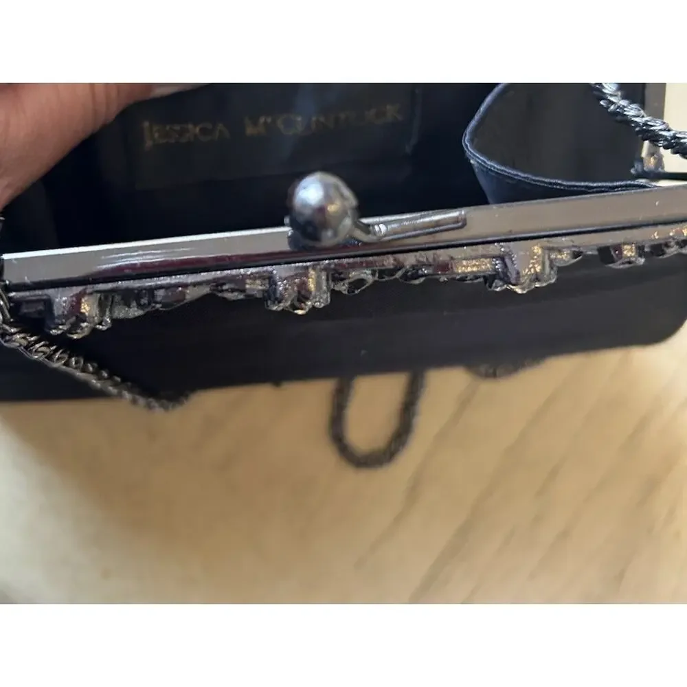 Jessica McClintock Black SatinPurse Chain Shoulder Strap KissLock Clutch Bag
